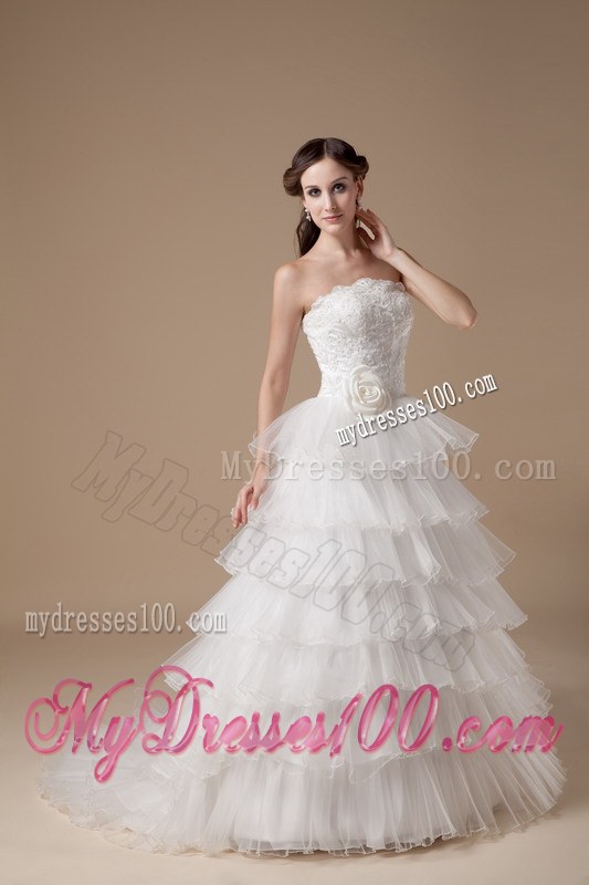 Beautiful Strapless Brush Train Hand Made Flowers Bridal Gowns