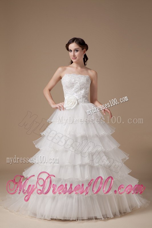 Beautiful Strapless Brush Train Hand Made Flowers Bridal Gowns