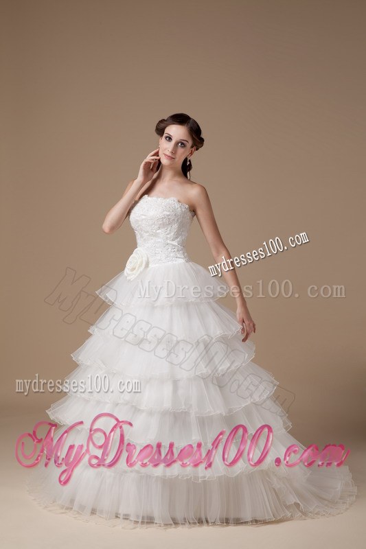 Beautiful Strapless Brush Train Hand Made Flowers Bridal Gowns