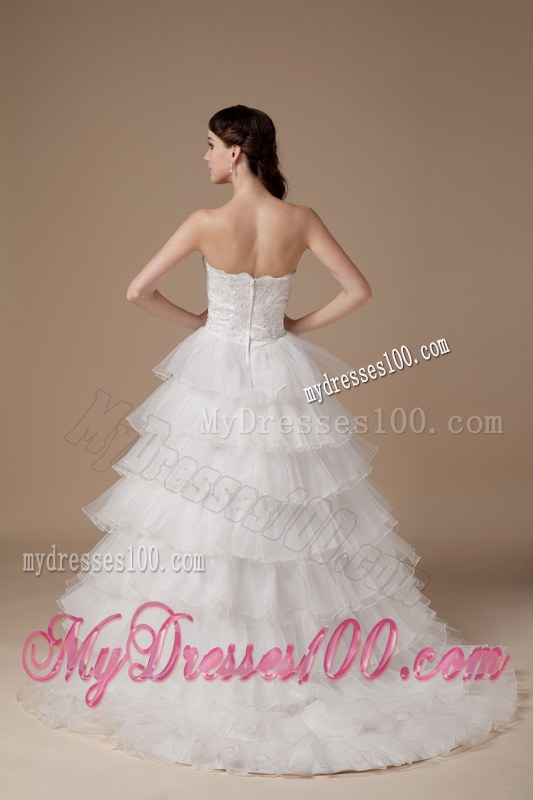 Beautiful Strapless Brush Train Hand Made Flowers Bridal Gowns