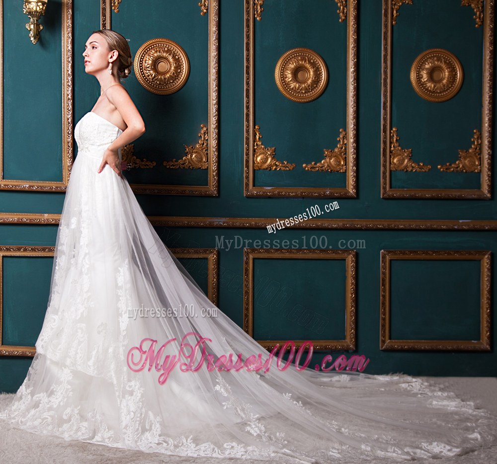 Beautiful Strapless Chapel Train Wedding Dresses with Beading