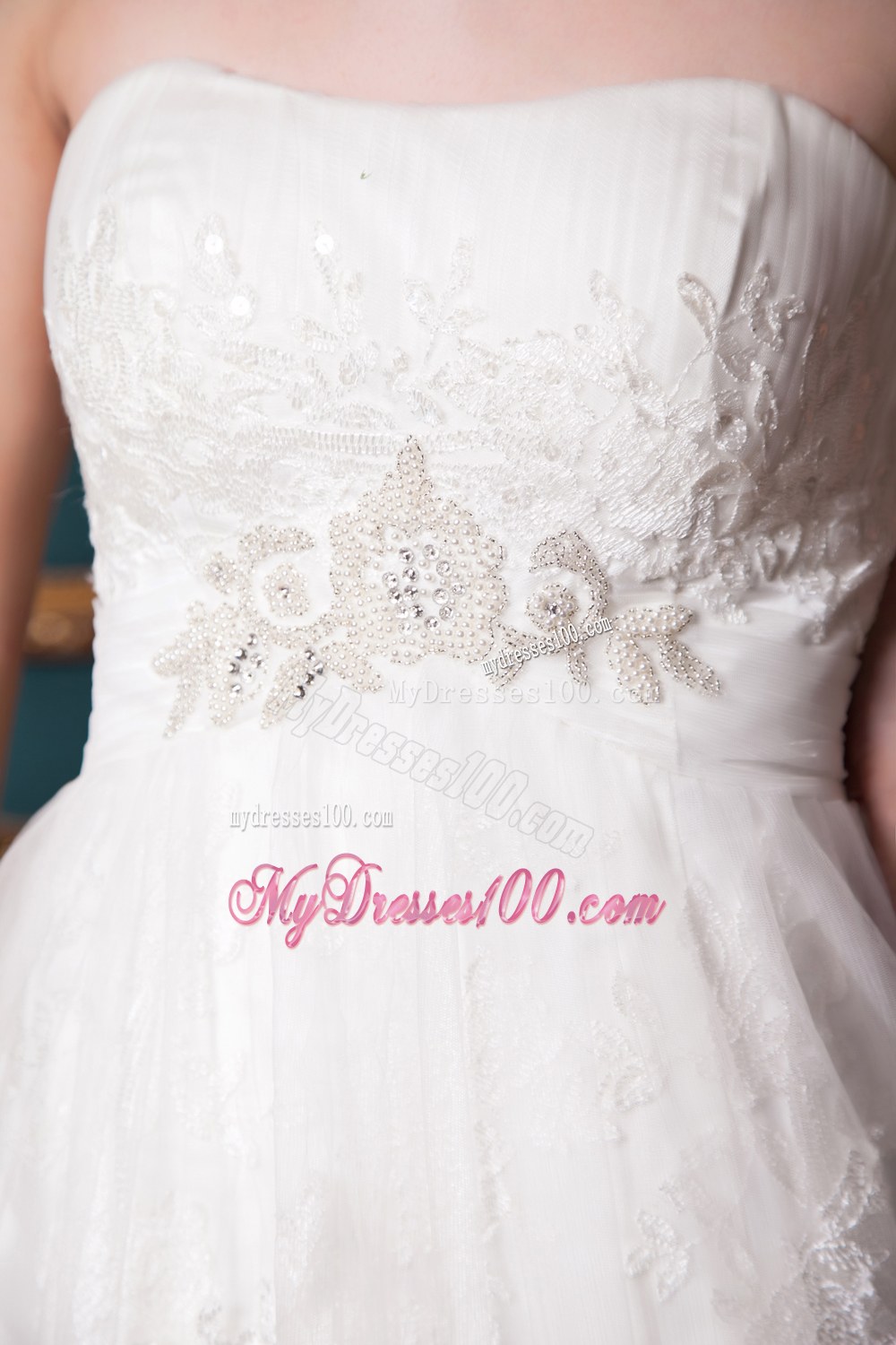 Beautiful Strapless Chapel Train Wedding Dresses with Beading