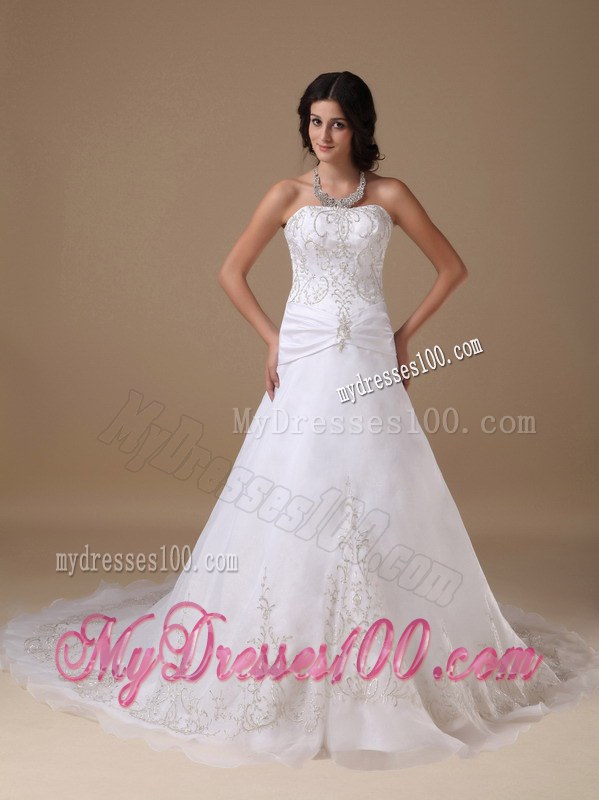 Beautiful Strapless Chapel Train Appliques Wedding Dresses 2013
