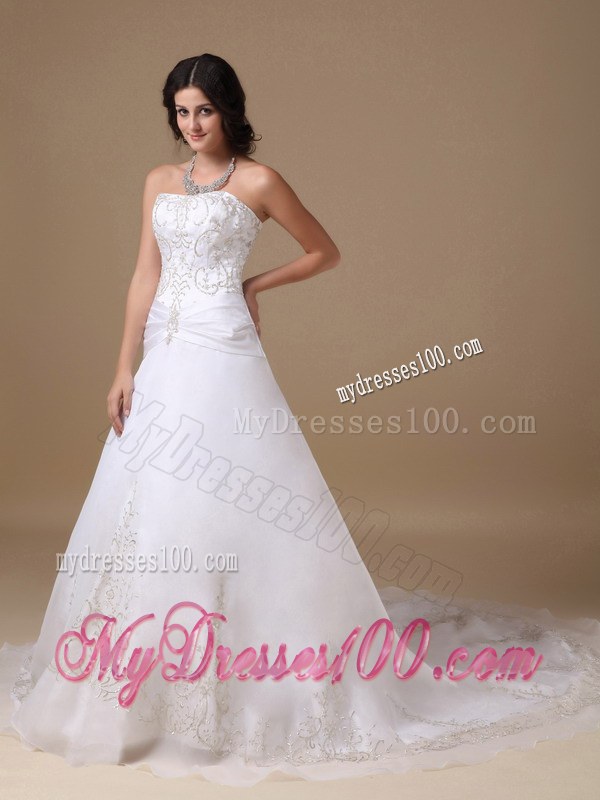 Beautiful Strapless Chapel Train Appliques Wedding Dresses 2013