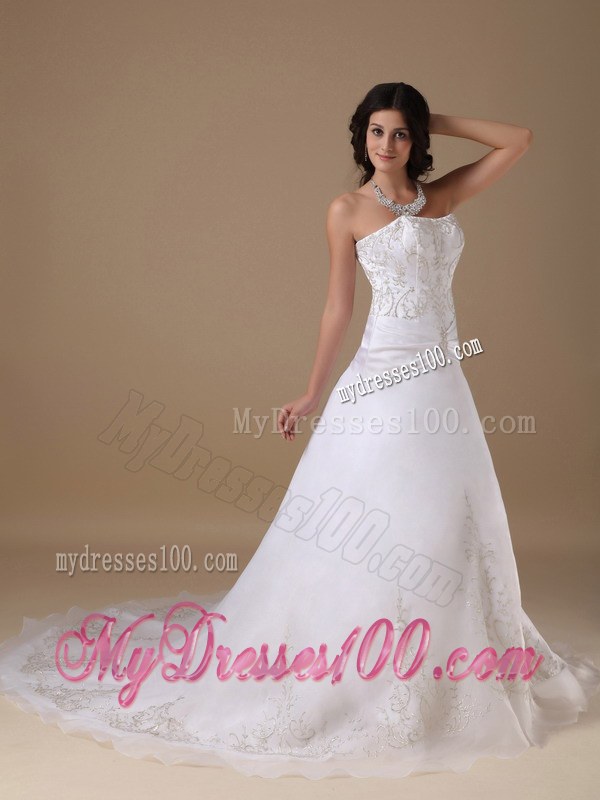 Beautiful Strapless Chapel Train Appliques Wedding Dresses 2013