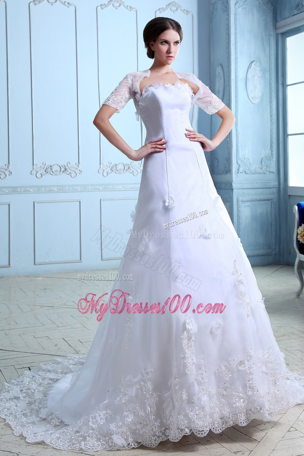 Beautiful Strapless Court Train Lace Flowers Wedding Dresses
