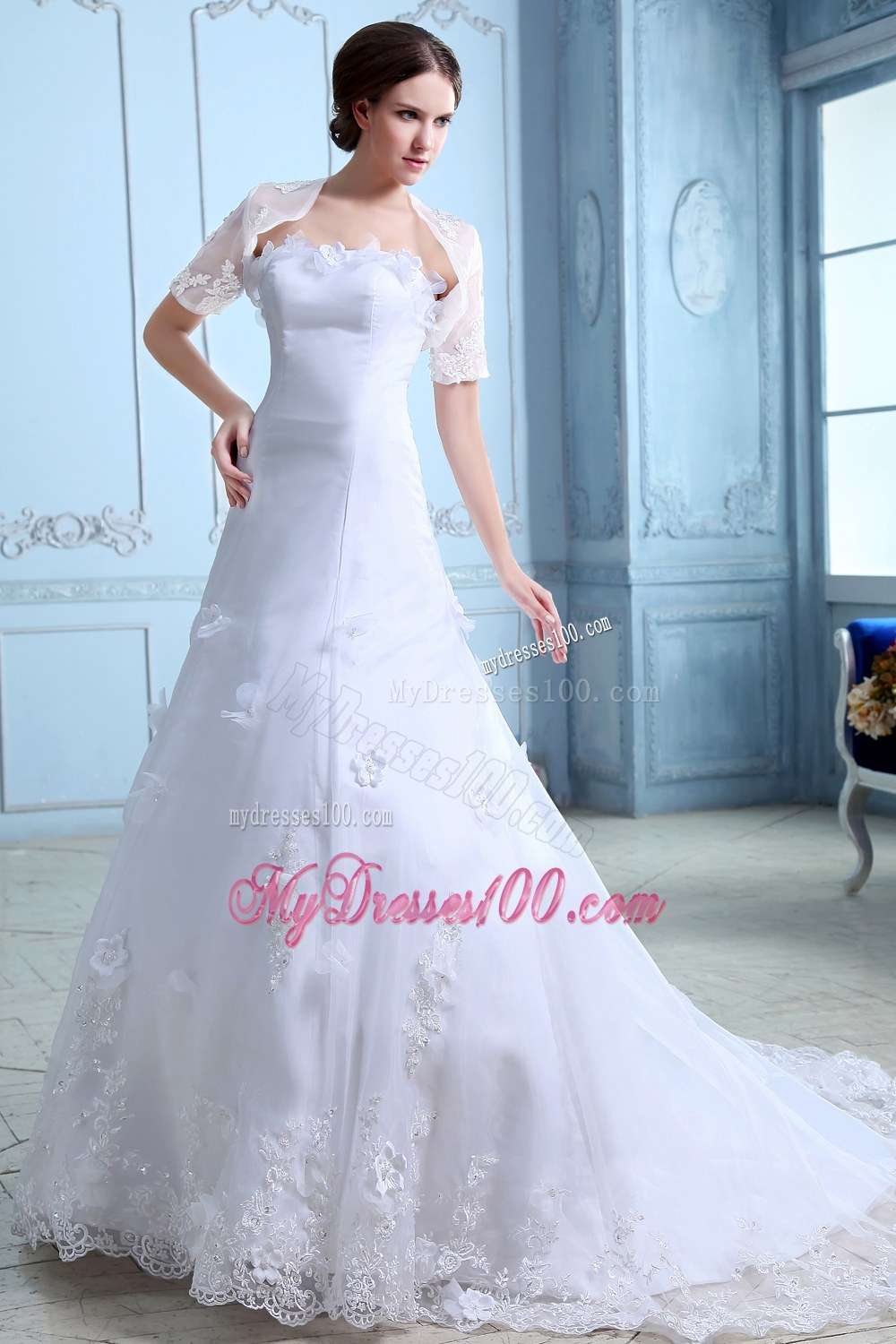 Beautiful Strapless Court Train Lace Flowers Wedding Dresses