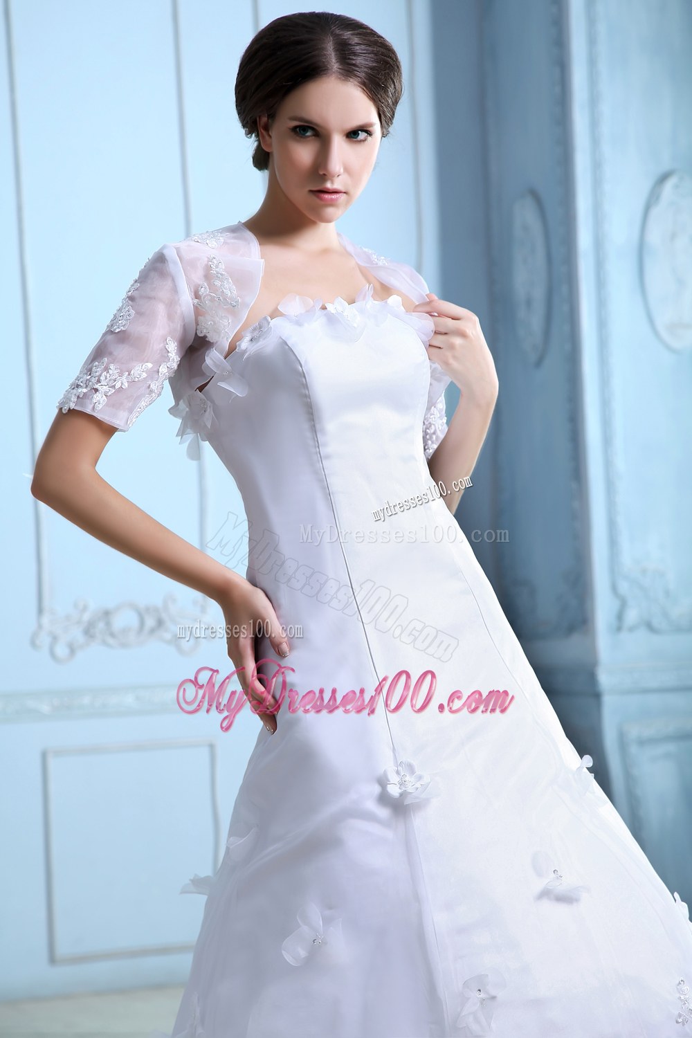 Beautiful Strapless Court Train Lace Flowers Wedding Dresses