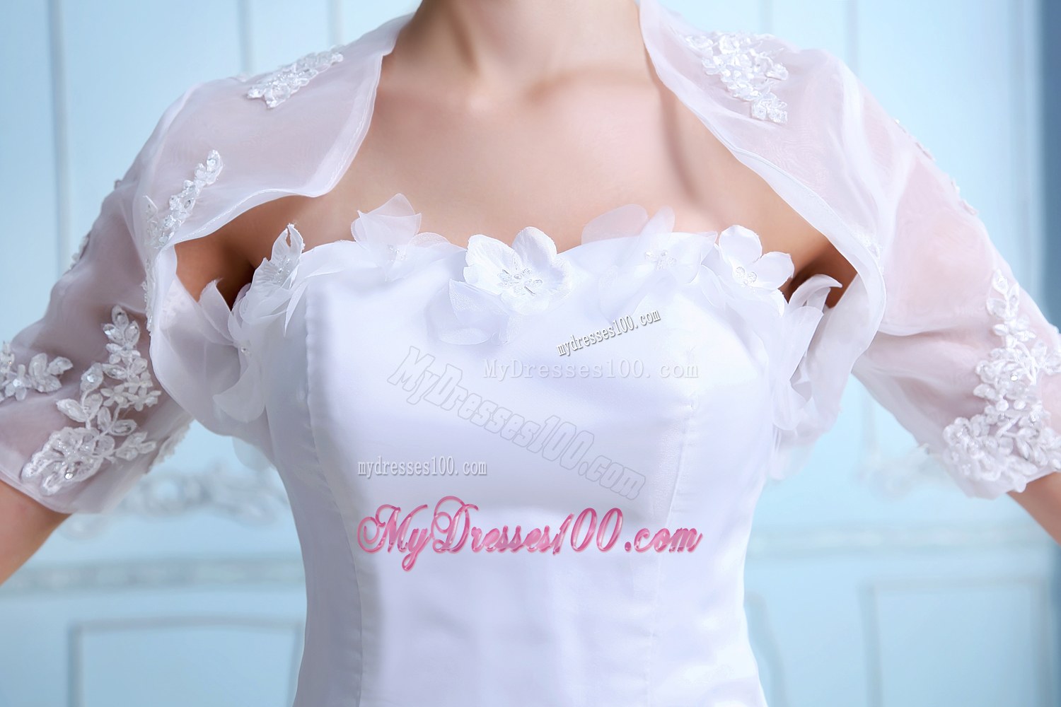 Beautiful Strapless Court Train Lace Flowers Wedding Dresses