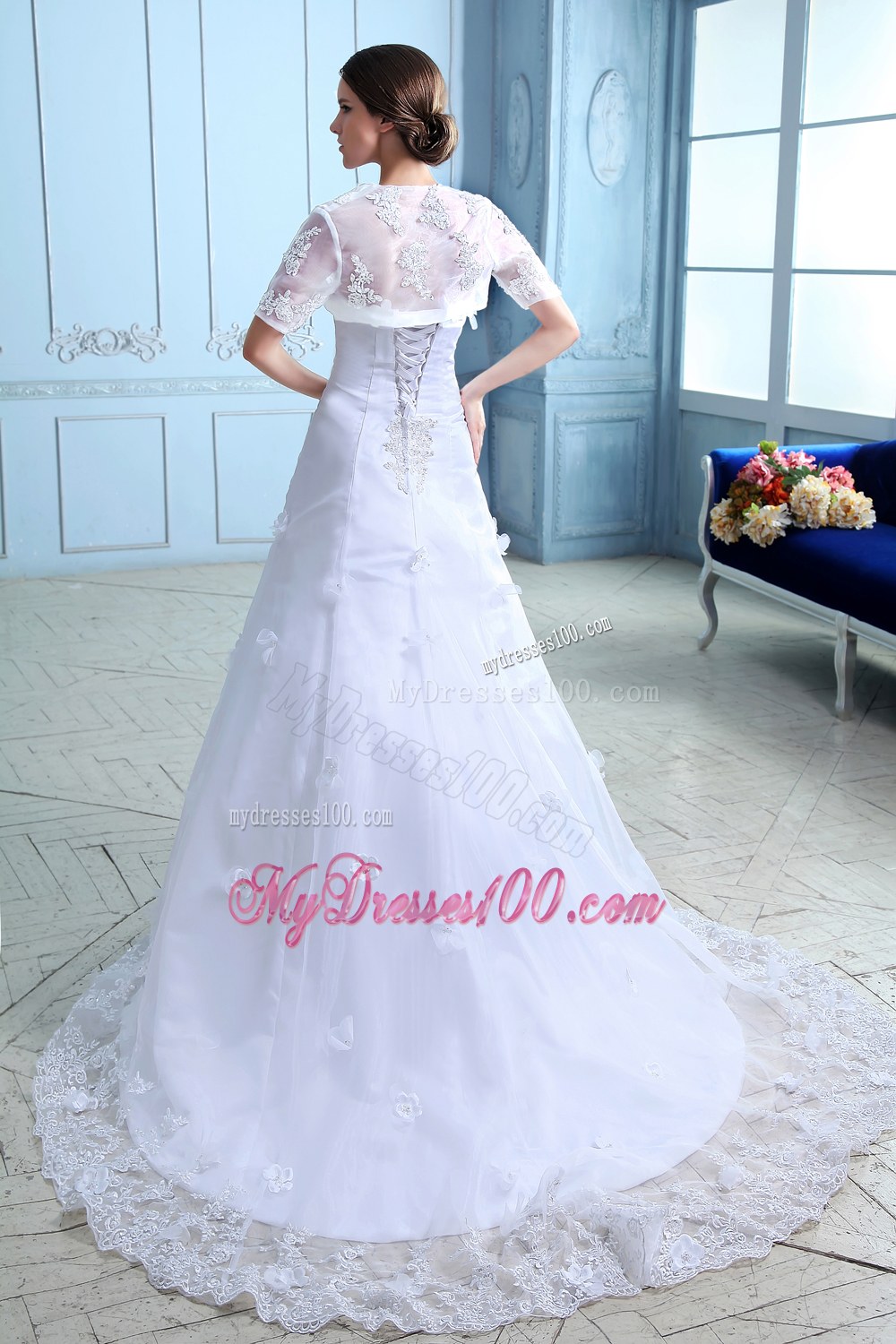 Beautiful Strapless Court Train Lace Flowers Wedding Dresses