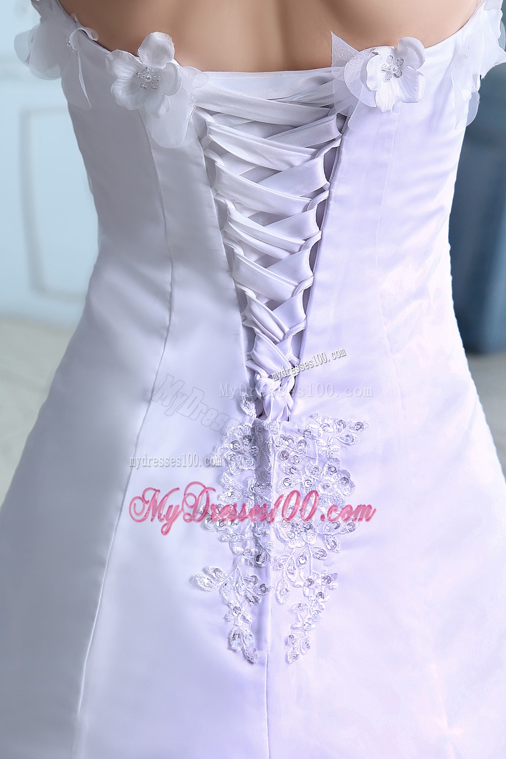 Beautiful Strapless Court Train Lace Flowers Wedding Dresses