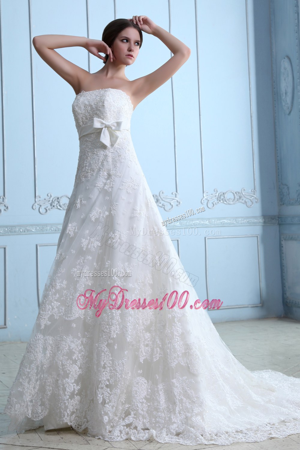 Beautiful A-line Strapless Court Train Lace Sash Wedding Dress