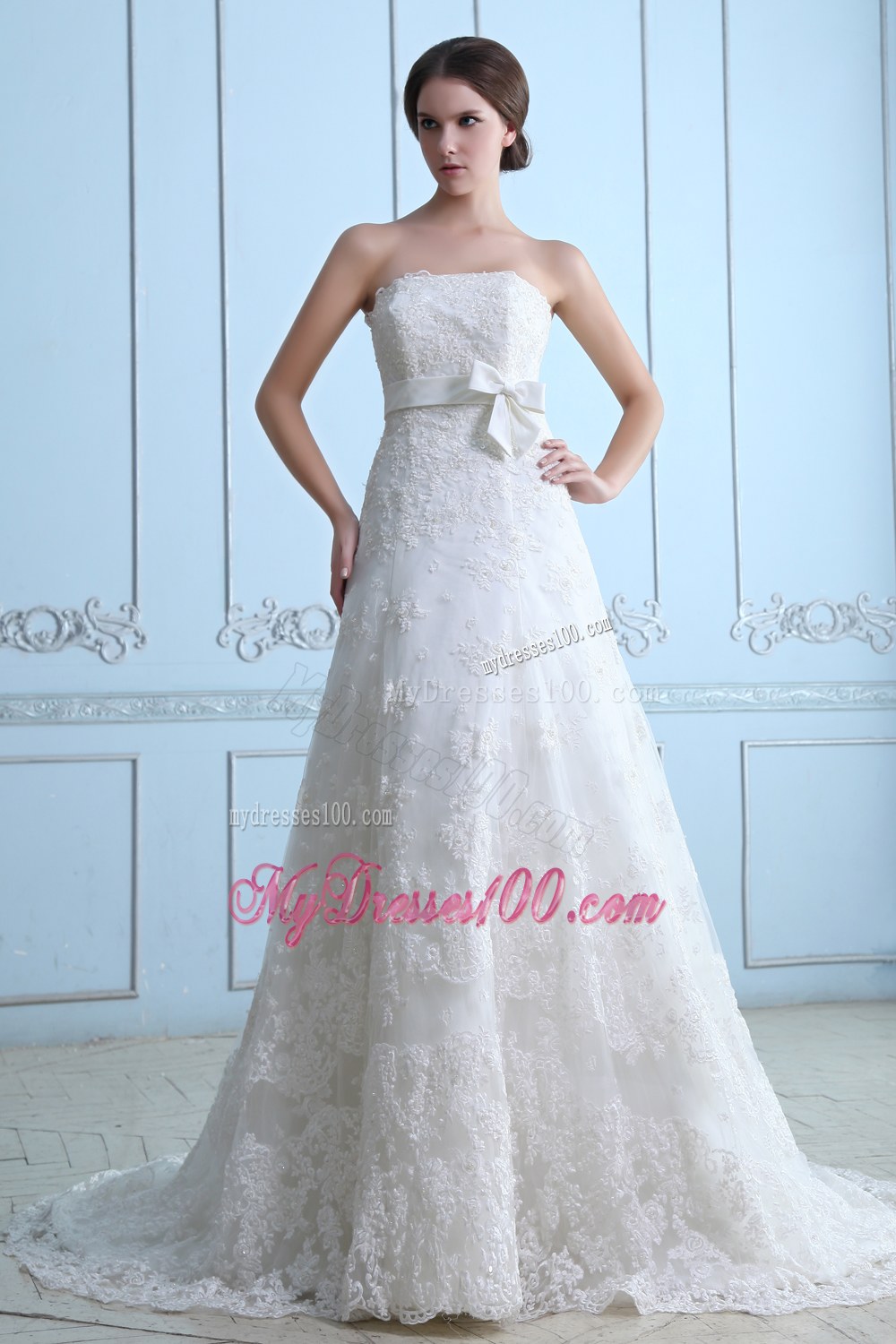 Beautiful A-line Strapless Court Train Lace Sash Wedding Dress