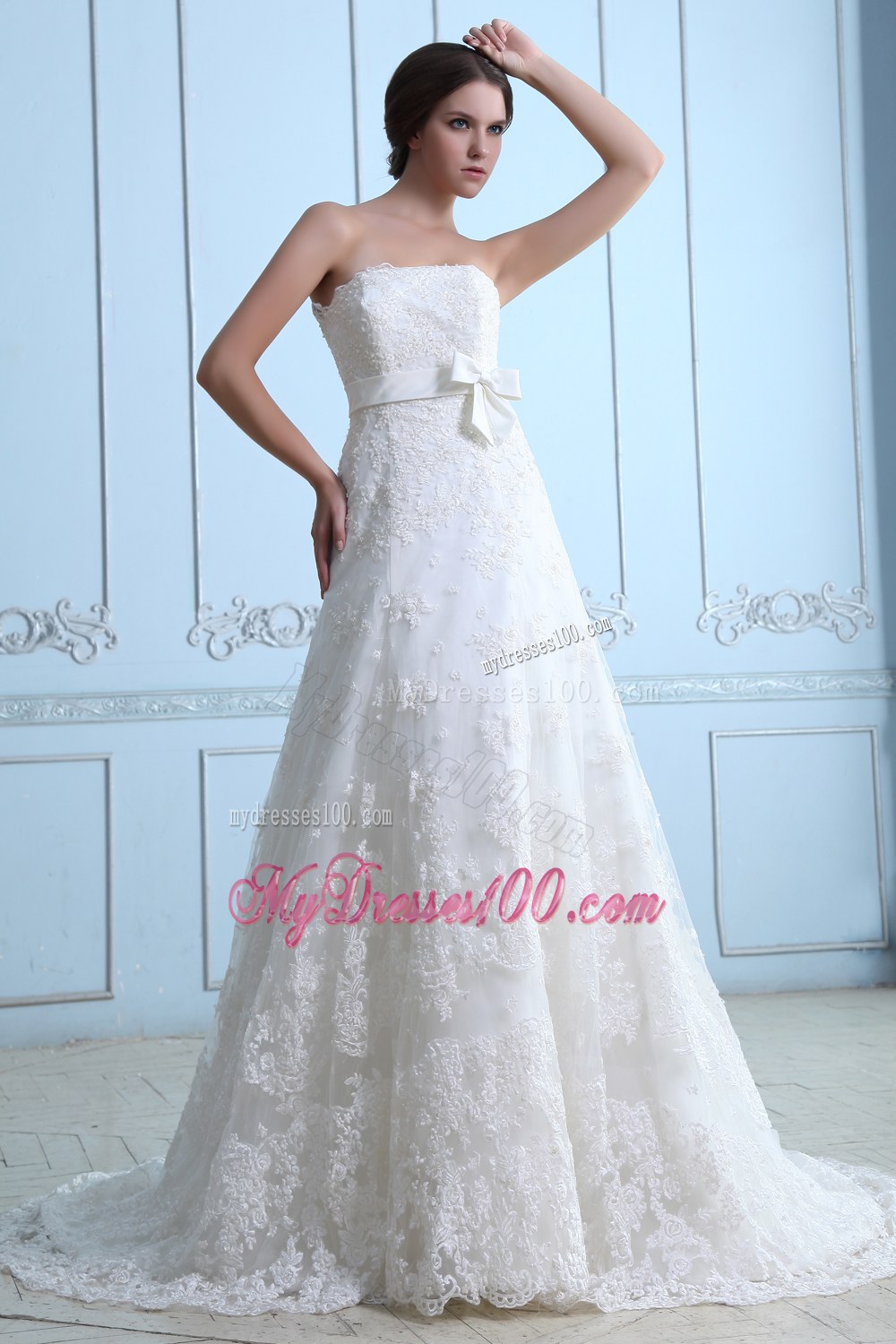 Beautiful A-line Strapless Court Train Lace Sash Wedding Dress