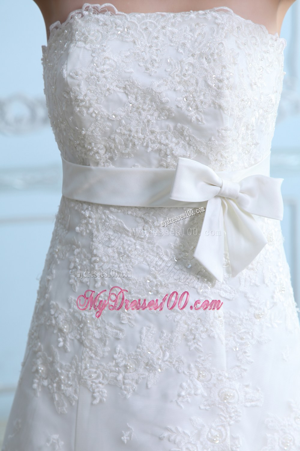Beautiful A-line Strapless Court Train Lace Sash Wedding Dress