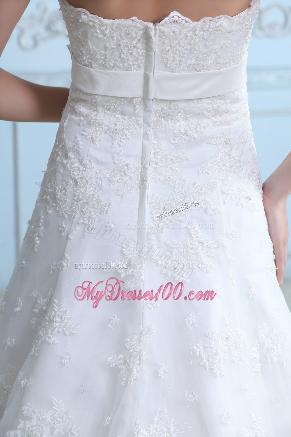 Beautiful A-line Strapless Court Train Lace Sash Wedding Dress