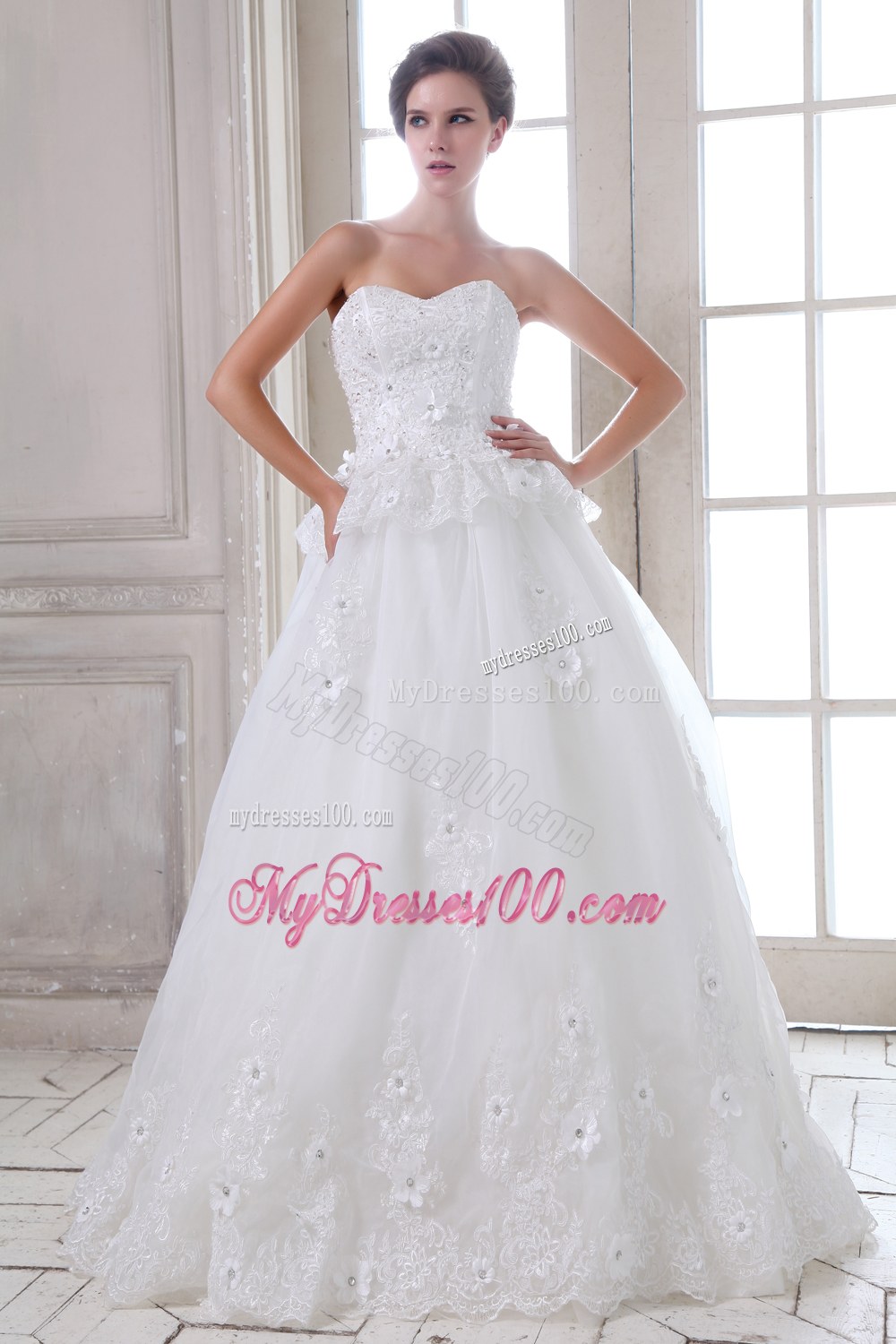 Brush Train Lace Wedding Dress with Beading and Appliques
