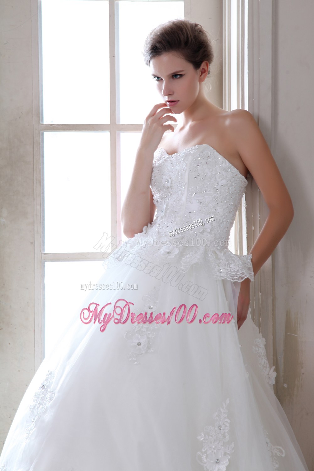 Brush Train Lace Wedding Dress with Beading and Appliques