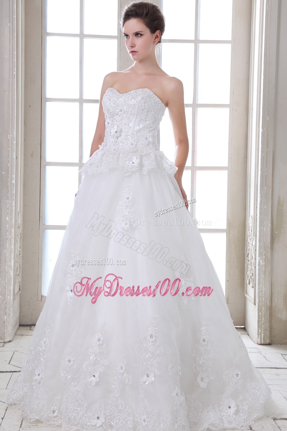 Brush Train Lace Wedding Dress with Beading and Appliques