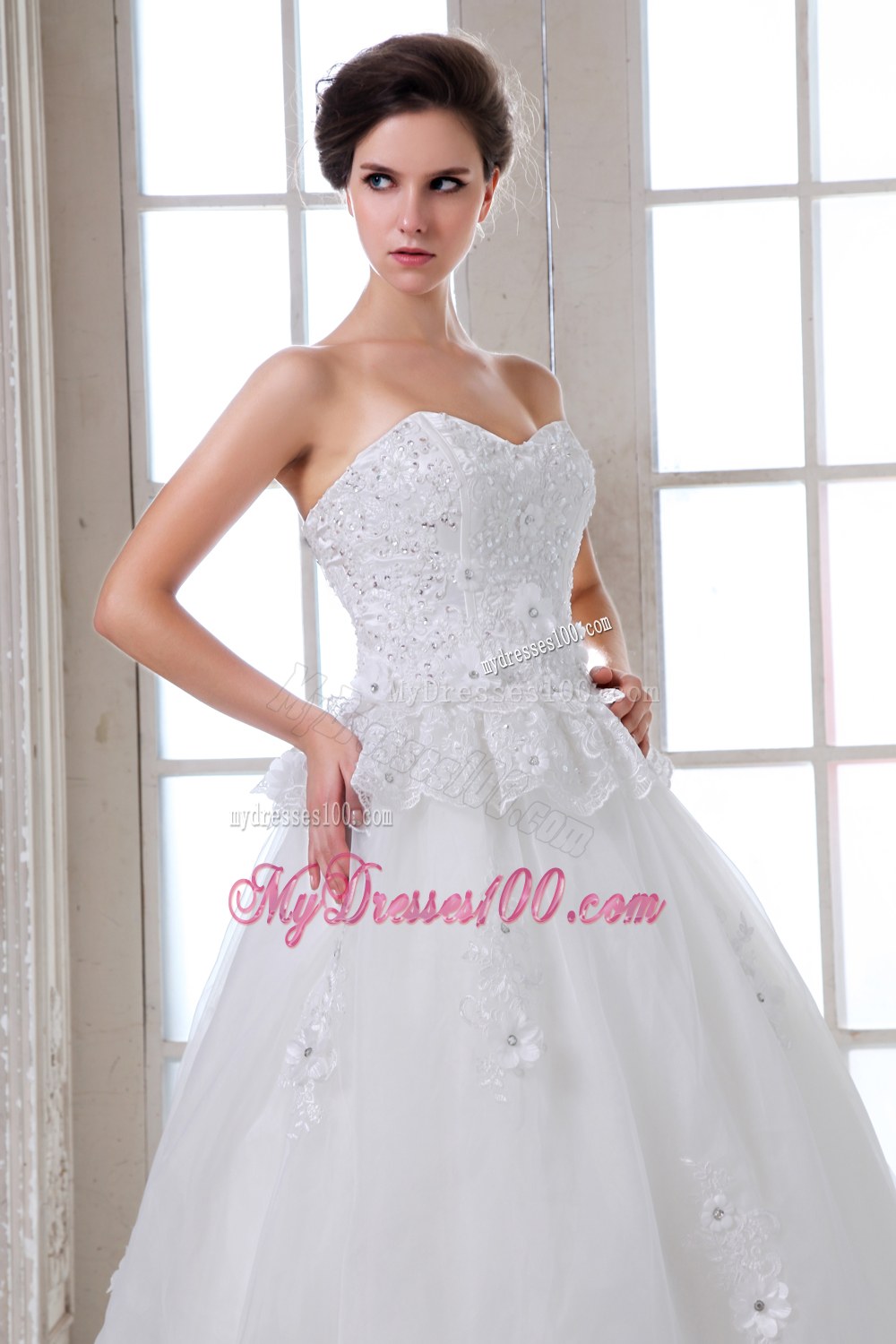 Brush Train Lace Wedding Dress with Beading and Appliques