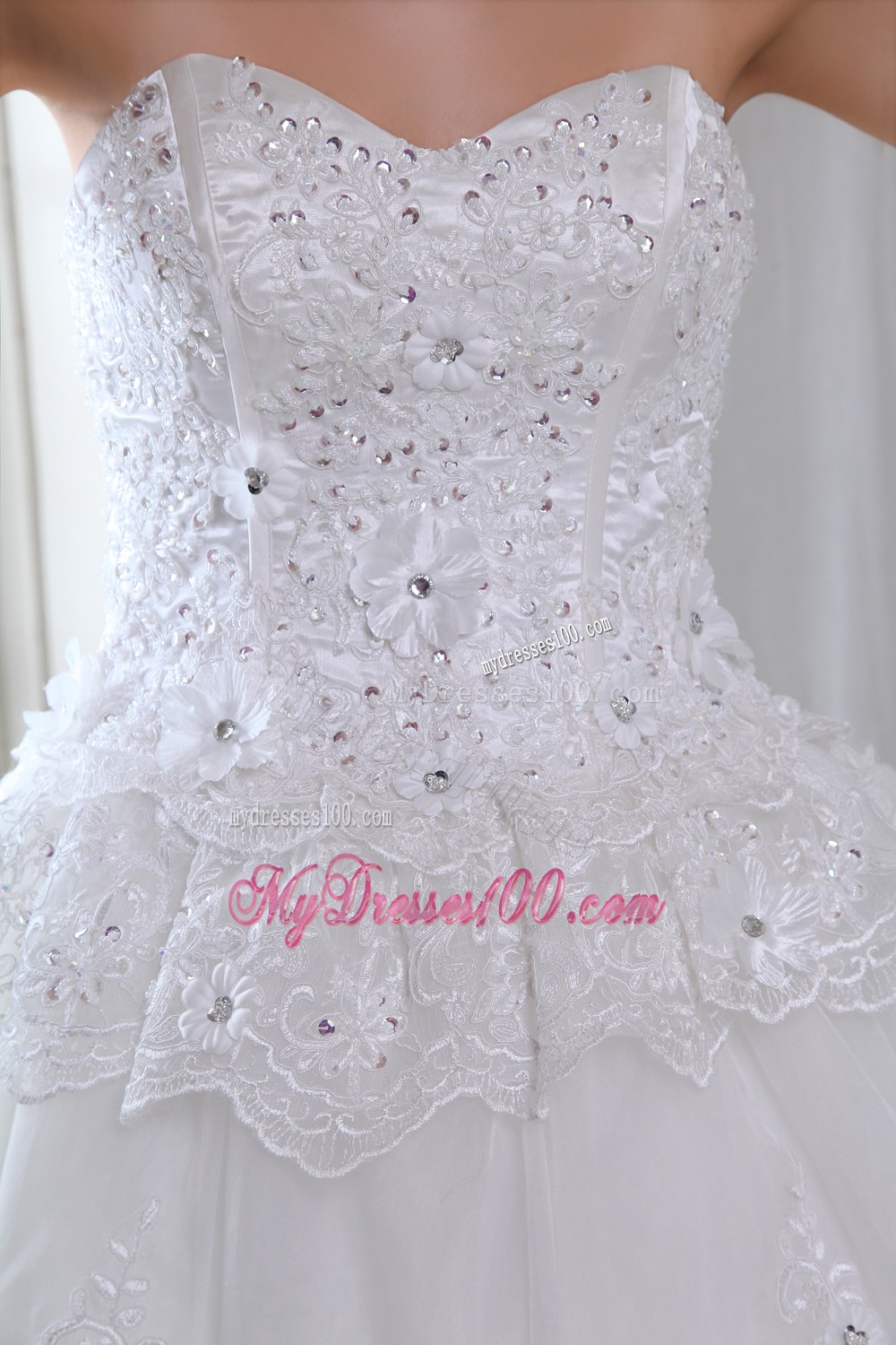 Brush Train Lace Wedding Dress with Beading and Appliques