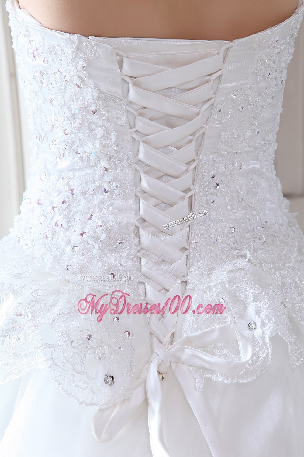 Brush Train Lace Wedding Dress with Beading and Appliques