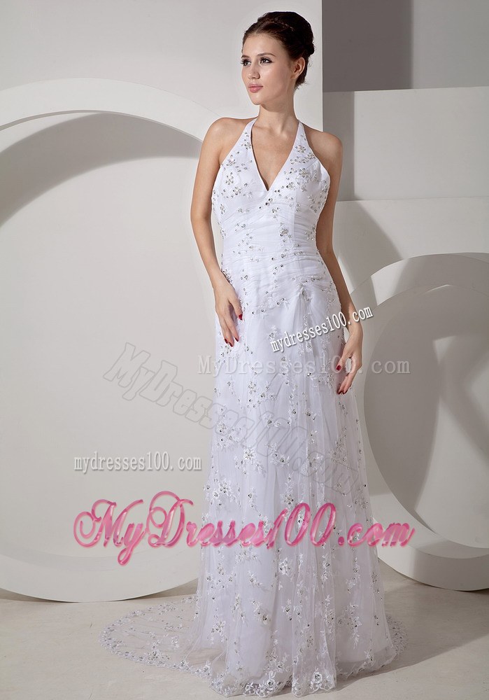 Beautiful Column Halter Court Train Lace Ruched Discount Wedding Dress