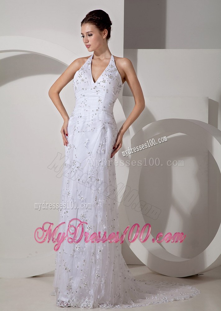 Beautiful Column Halter Court Train Lace Ruched Discount Wedding Dress
