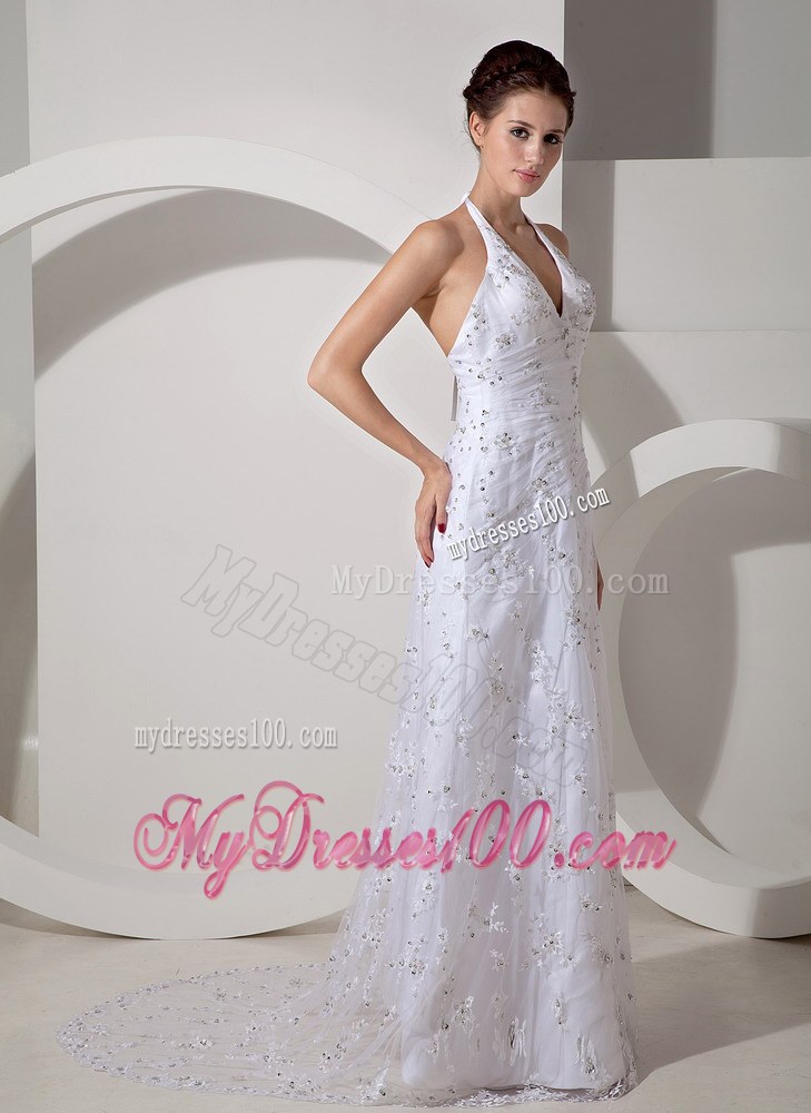 Beautiful Column Halter Court Train Lace Ruched Discount Wedding Dress