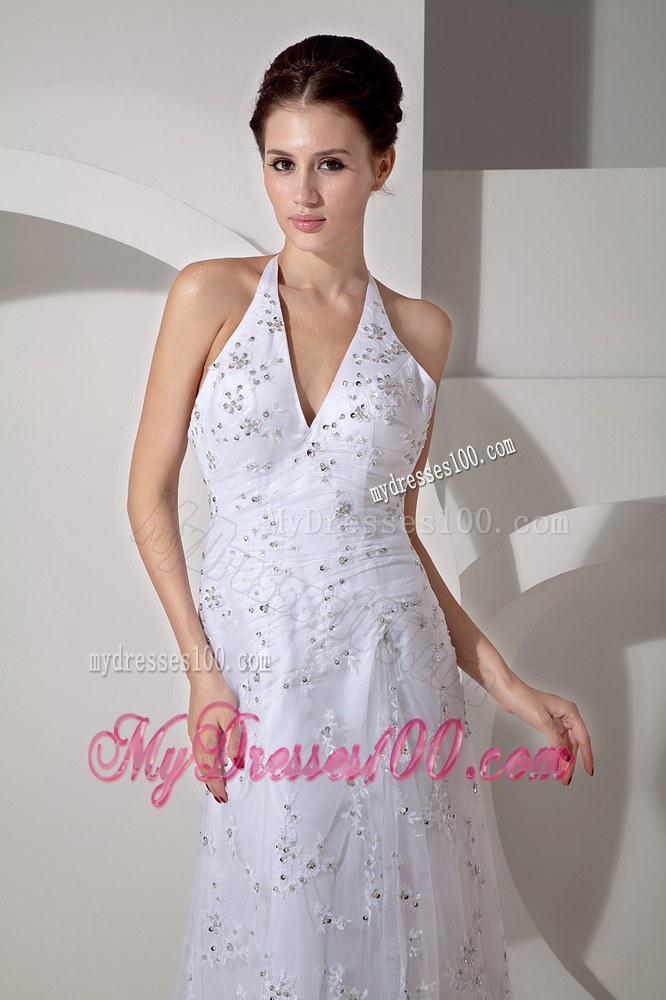Beautiful Column Halter Court Train Lace Ruched Discount Wedding Dress