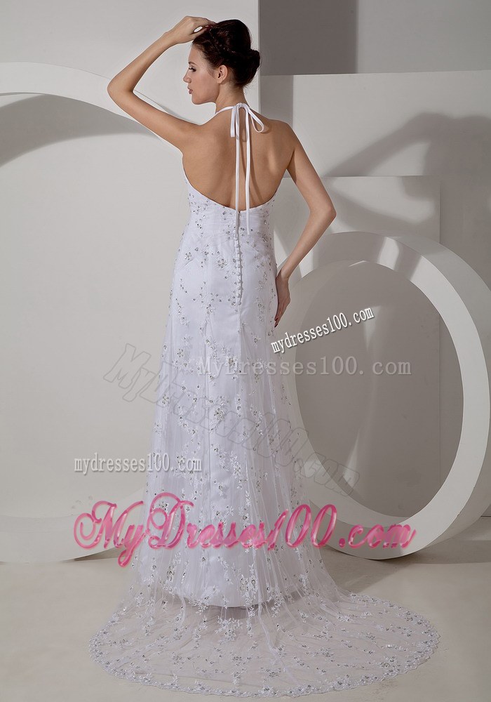 Beautiful Column Halter Court Train Lace Ruched Discount Wedding Dress
