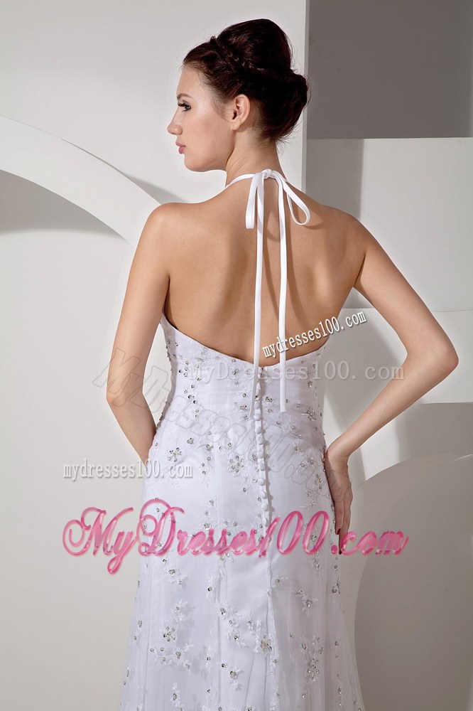 Beautiful Column Halter Court Train Lace Ruched Discount Wedding Dress