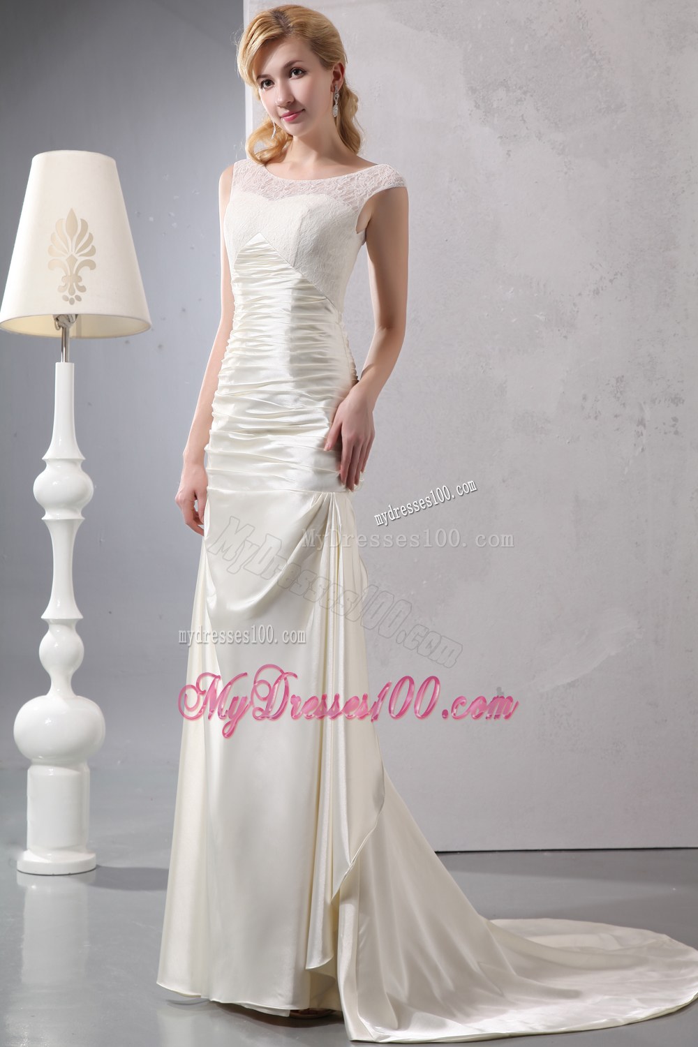 Beautiful Column Scoop Court Train Lace Wedding Dresses