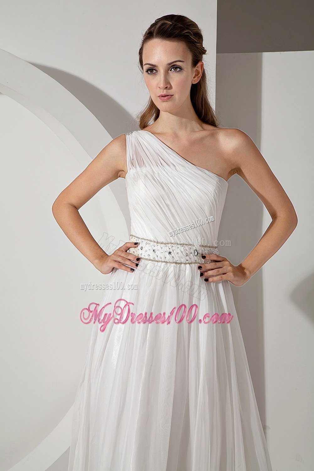Beautiful Empire One Shoulder Court Train Beading Wedding Dress