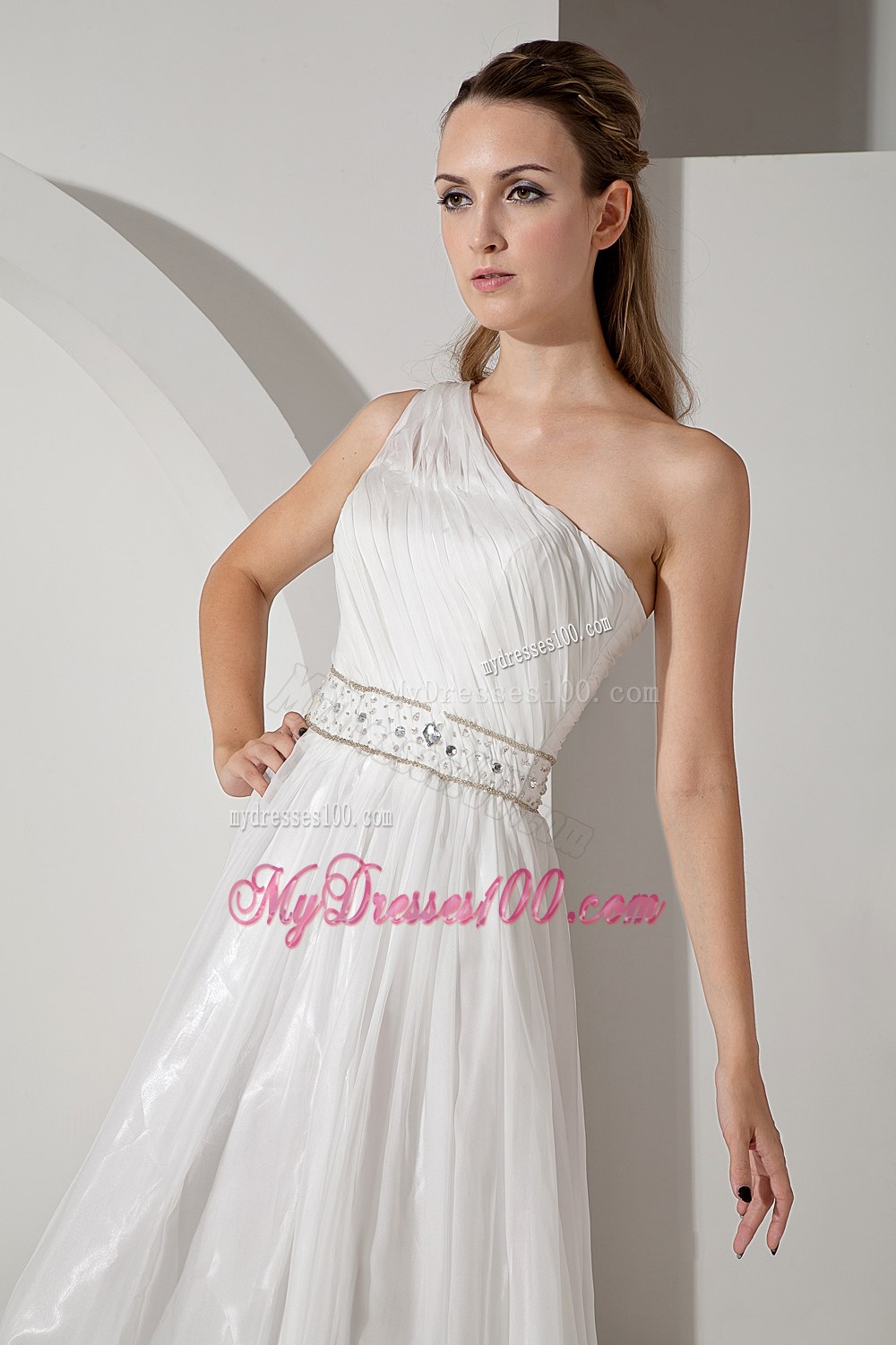 Beautiful Empire One Shoulder Court Train Beading Wedding Dress