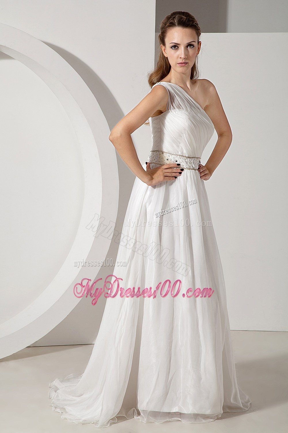 Beautiful Empire One Shoulder Court Train Beading Wedding Dress