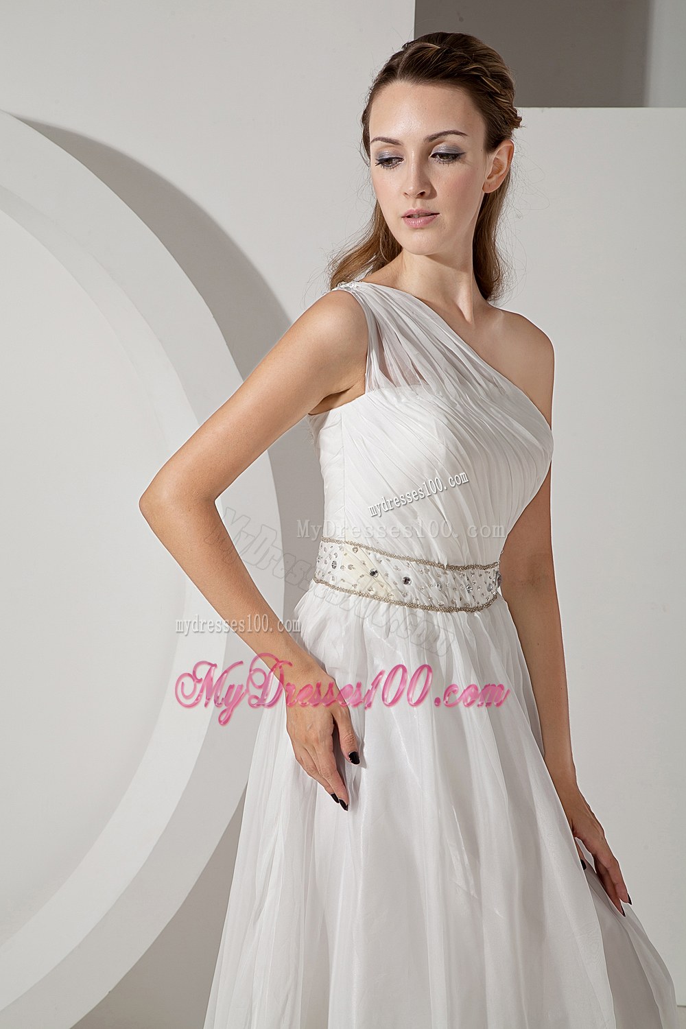 Beautiful Empire One Shoulder Court Train Beading Wedding Dress