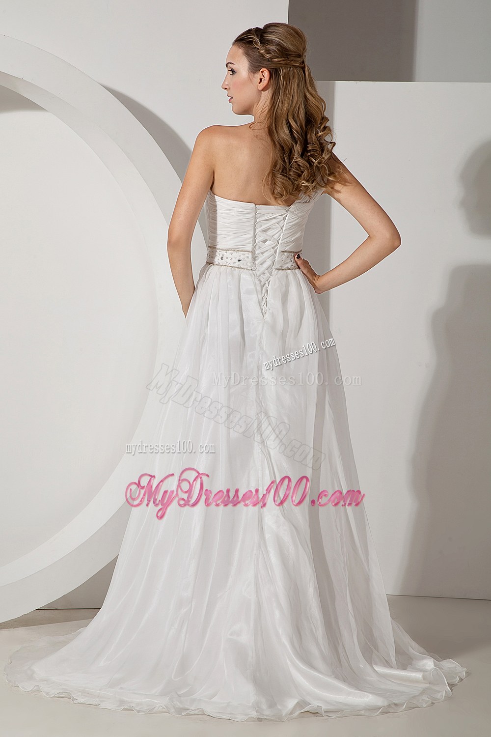 Beautiful Empire One Shoulder Court Train Beading Wedding Dress