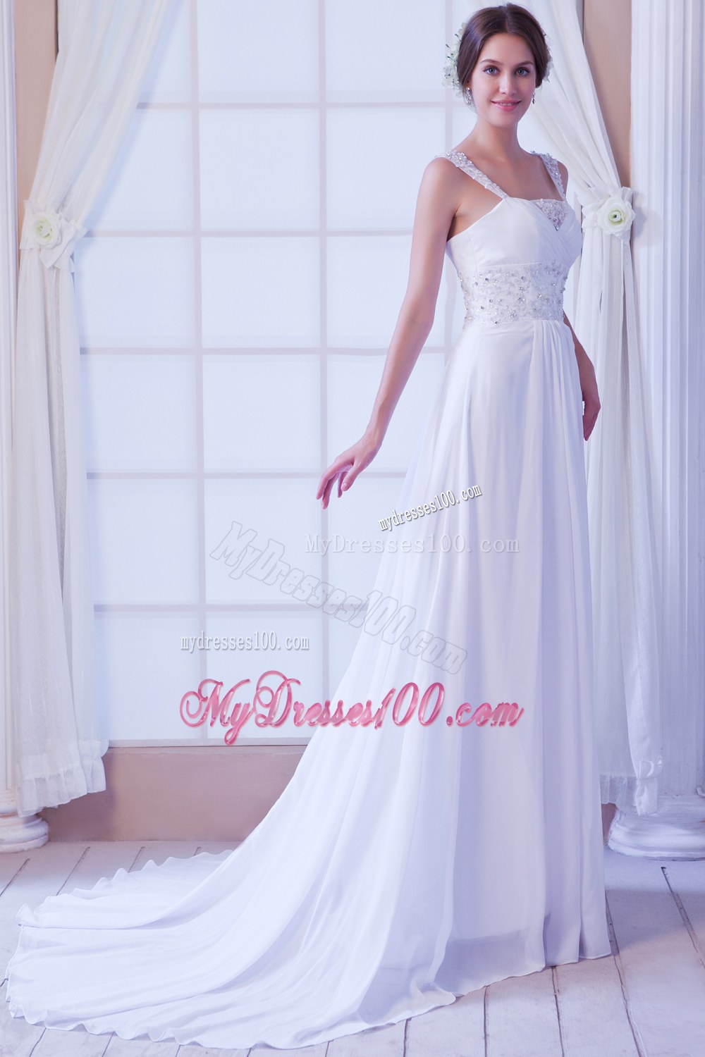 Beautiful Empire Straps Court Train Beading Wedding Dresses