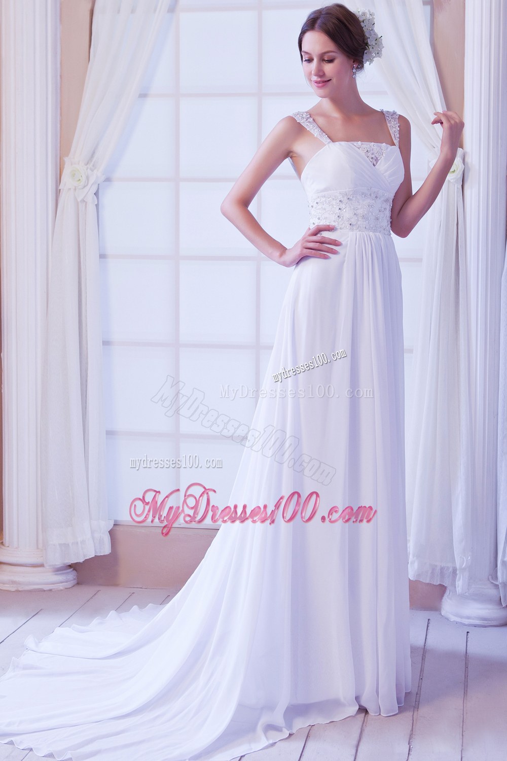 Beautiful Empire Straps Court Train Beading Wedding Dresses
