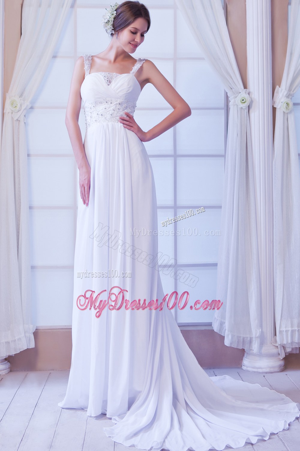 Beautiful Empire Straps Court Train Beading Wedding Dresses