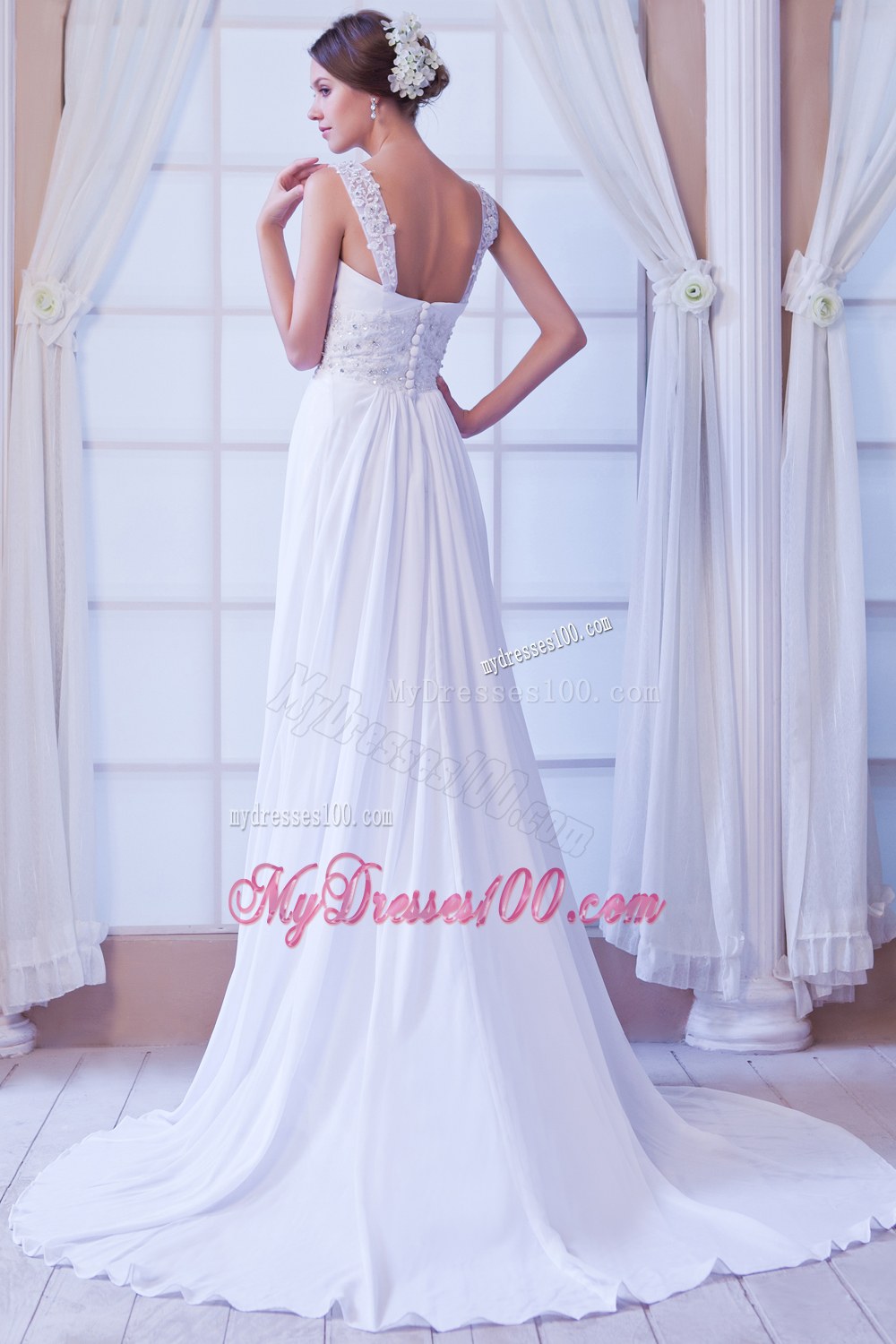 Beautiful Empire Straps Court Train Beading Wedding Dresses