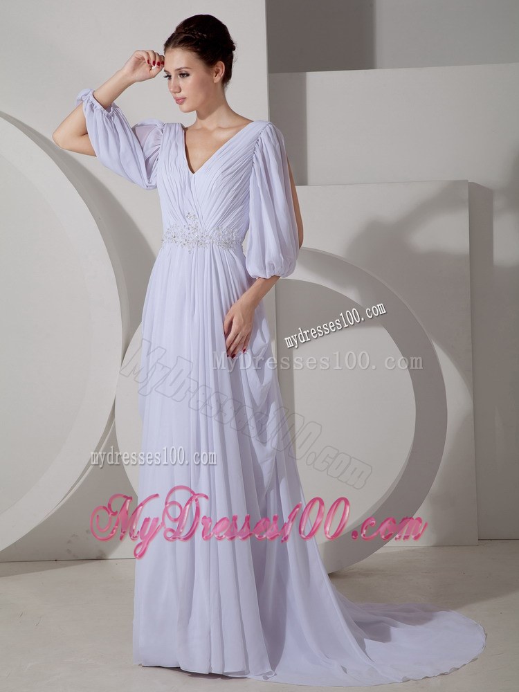 V-neck Brush Train Appliques Wedding Dress with 3 4 Length Sleeves