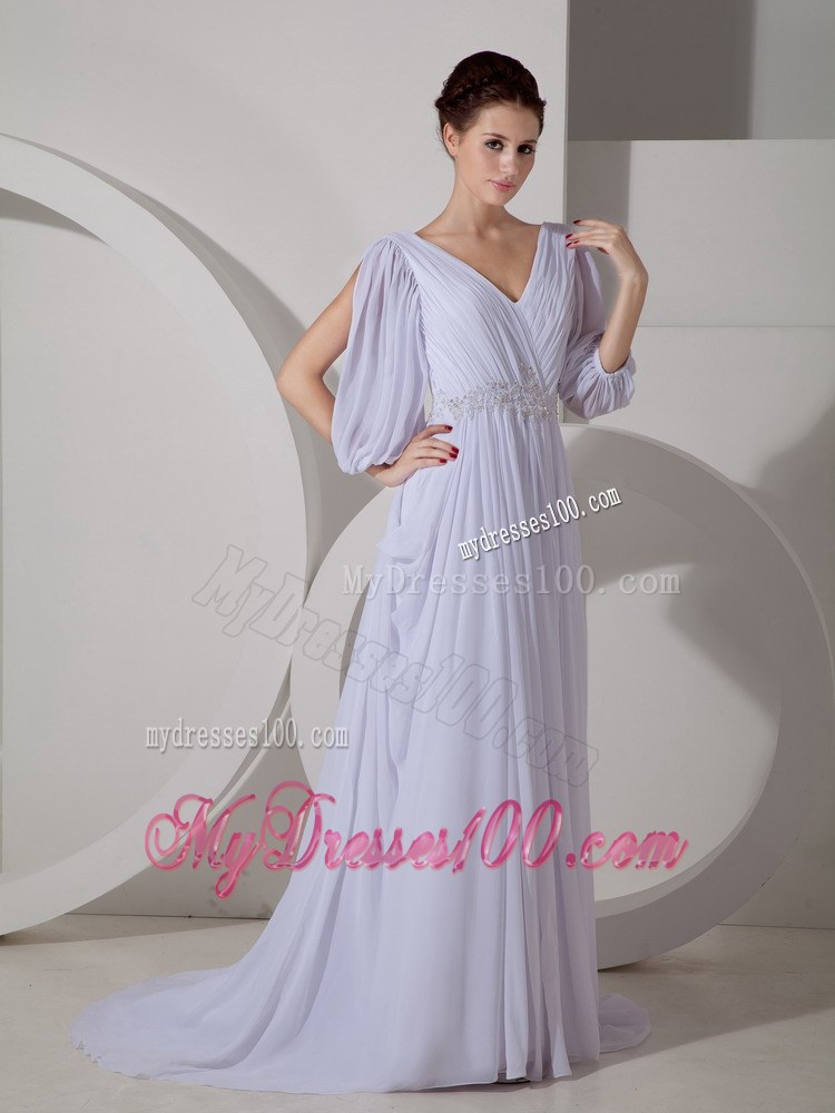 V-neck Brush Train Appliques Wedding Dress with 3 4 Length Sleeves