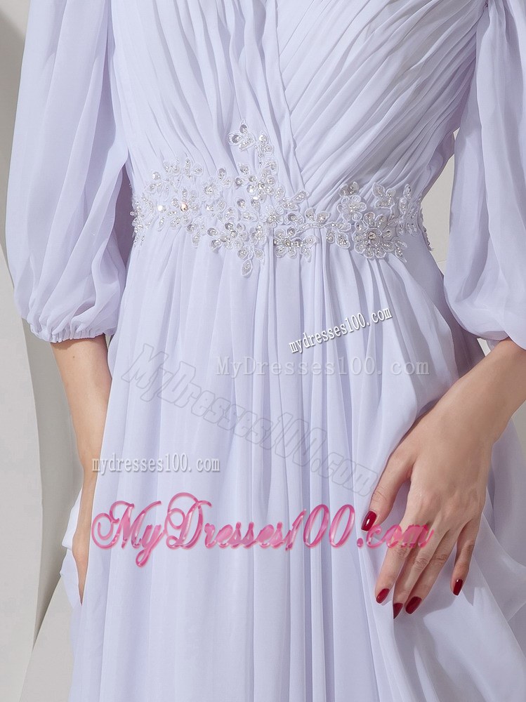 V-neck Brush Train Appliques Wedding Dress with 3 4 Length Sleeves