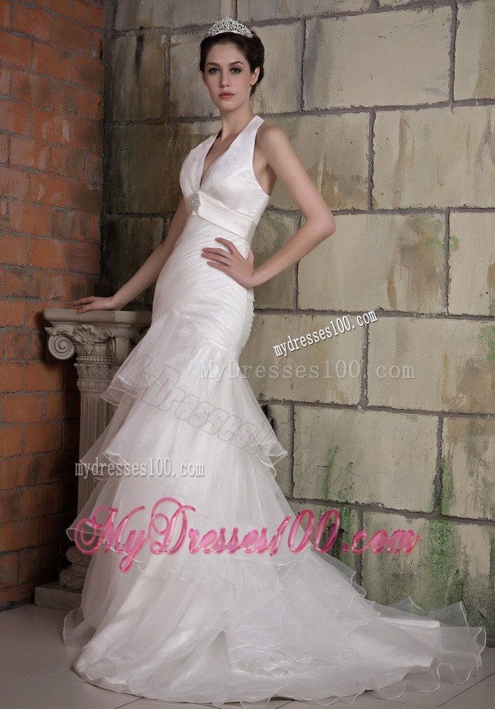 Beautiful Mermaid Halter Court Train Beaded Bridal Gowns