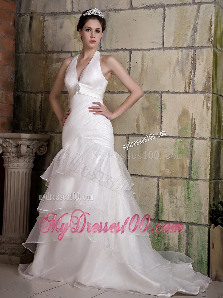 Beautiful Mermaid Halter Court Train Beaded Bridal Gowns