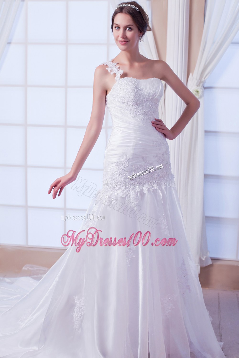 Beautiful Mermaid One Shoulder Chapel Train Wedding Gowns