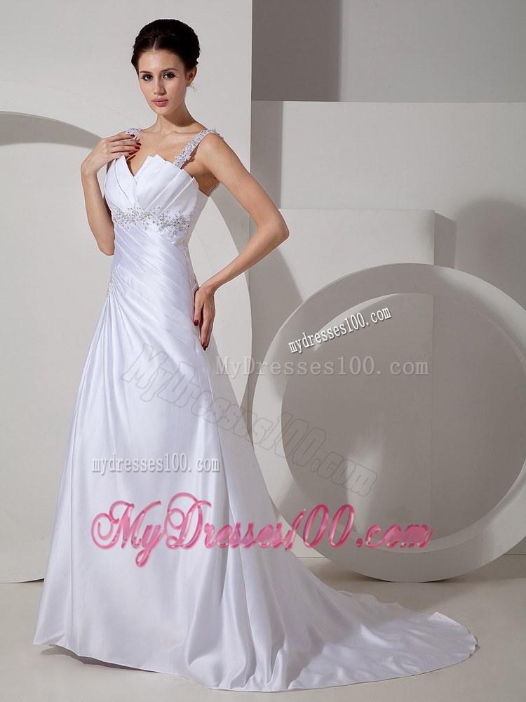 Best Straps Court Train Appliques and Ruched Wedding Dress