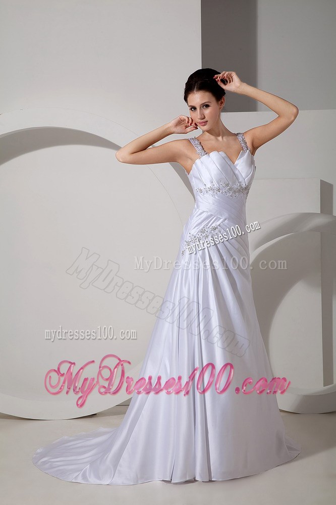 Best Straps Court Train Appliques and Ruched Wedding Dress